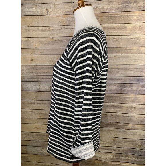 Anne Klein Large Striped French Terry Shirt Silver Collar Detail Raw Hem - Picture 4 of 9